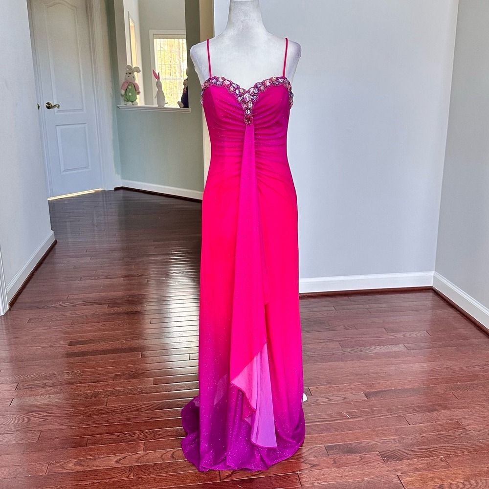 Vintage Reign On Purple Pink Ombré Glitter Embellished Beaded Draped Gown Dress